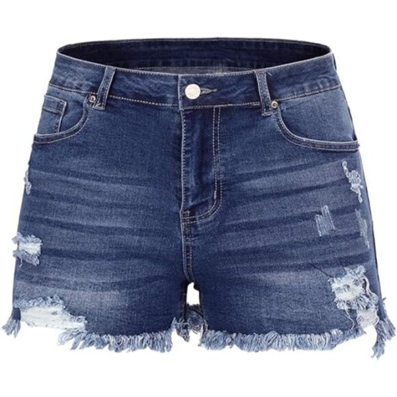 Women Mid Rise Ripped Stretchy Frayed Raw Hem Casual Denim Shorts